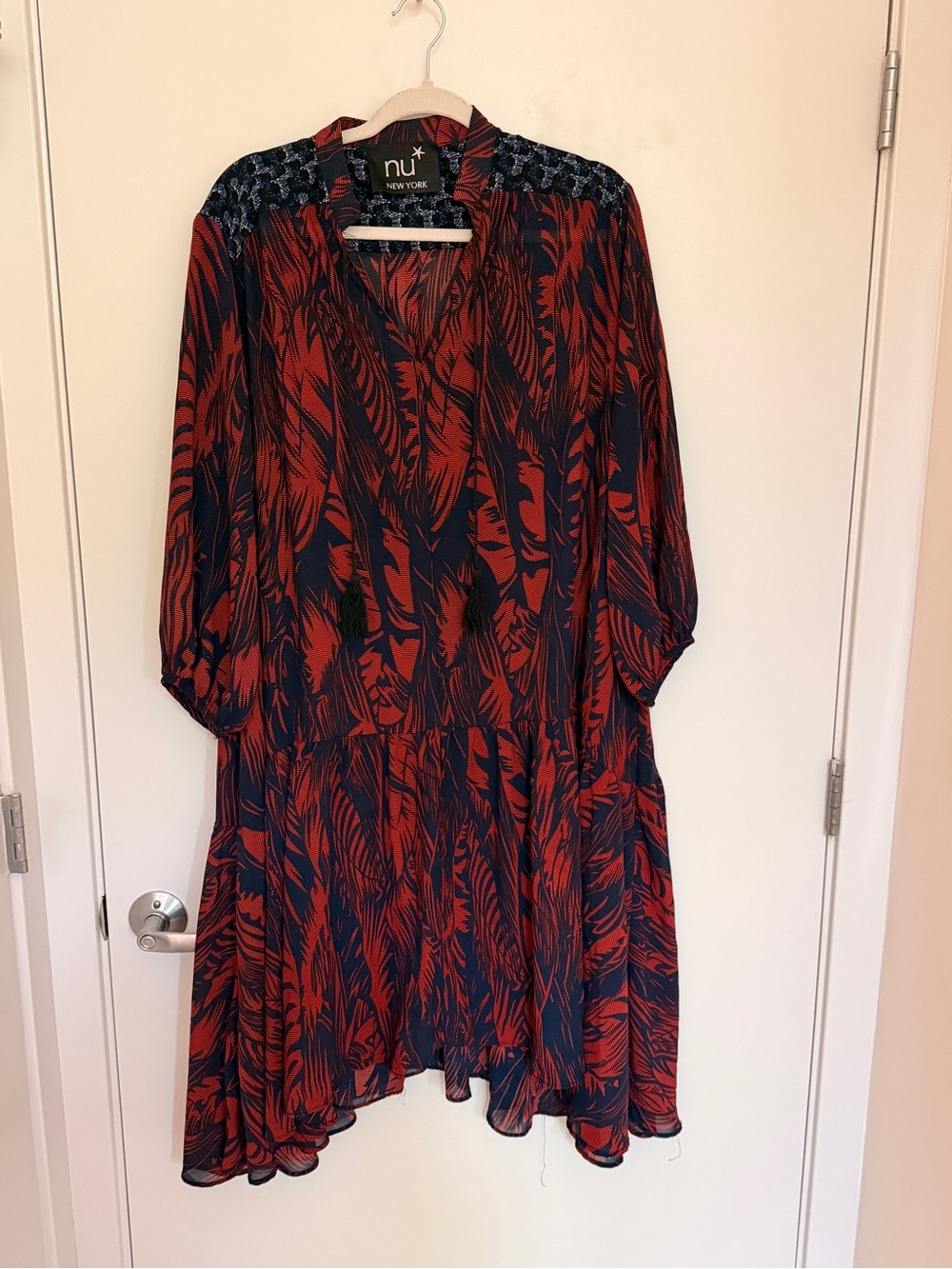 nu New York Red & Navy Long-Sleeve Printed V-Neck Dress